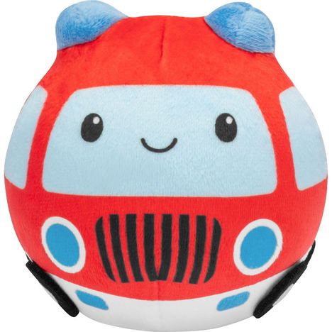 Ein rotes, rundes Plüschtier in Form eines Autos mit freundlichem Gesicht und blauen Details.