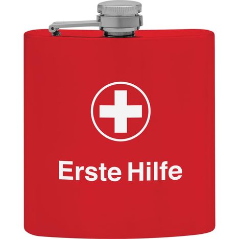 "Erste Hilfe" und ein weißes Kreuz sind auf einer roten Trinkflasche abgebildet.