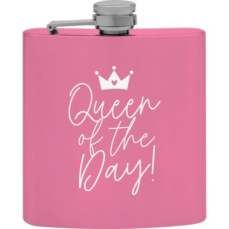 Text: "Queen of the Day!" mit einer Krone darüber. Rosa Flachmann mit silbernem Schraubverschluss.