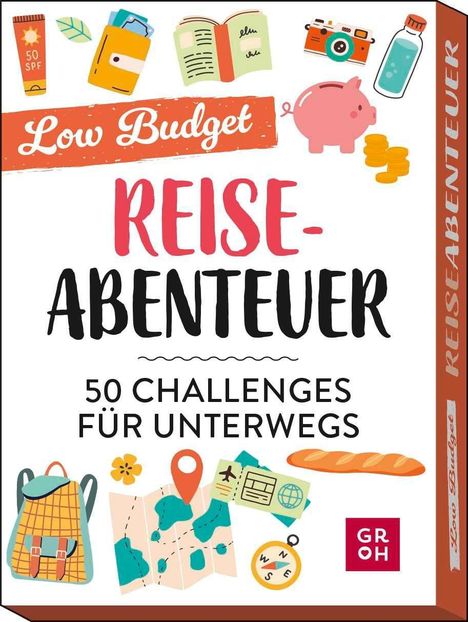 "Low Budget Reise-Abenteuer: 50 Challenges für unterwegs." Verschiedene Illustrationen wie Rucksack, Karte, Kompass, Kamera.