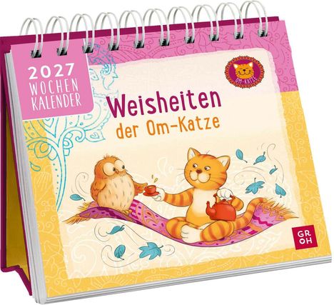"Weisheiten der Om-Katze" und "2027 Wochenkalender". Illustration: Katze und Eule auf fliegendem Teppich, trinken Tee.
