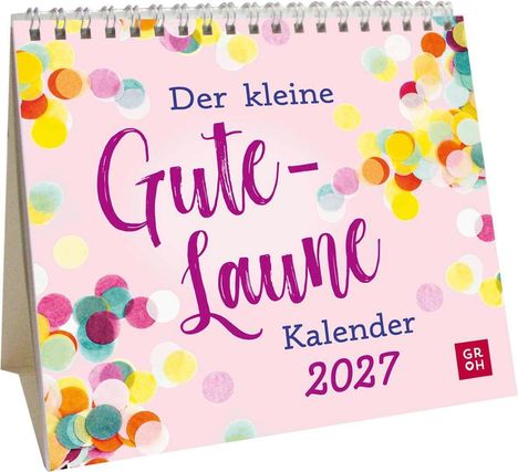 „Der kleine Gute-Laune Kalender 2027“. Bunte Konfettipunkte auf rosa Hintergrund.
