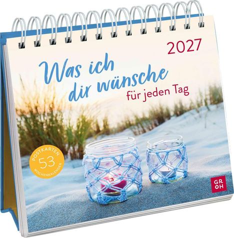 "Was ich dir wünsche für jeden Tag 2027." Zwei dekorative Gläser im Sand, im Hintergrund Gras und Himmel. Ringbuchkalender.
