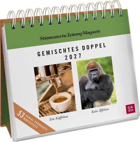 „Gemischtes Doppel 2027“. Links: „Ein Käffchen“ (Kaffeemaschine), rechts: „Kein Äffchen“ (Gorilla).