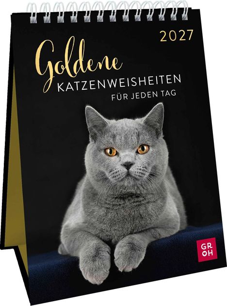 "Goldene Katzenweisheiten für jeden Tag 2027" steht auf einem Kalender. Eine graue Katze ist abgebildet. Unten ein rotes Logo.