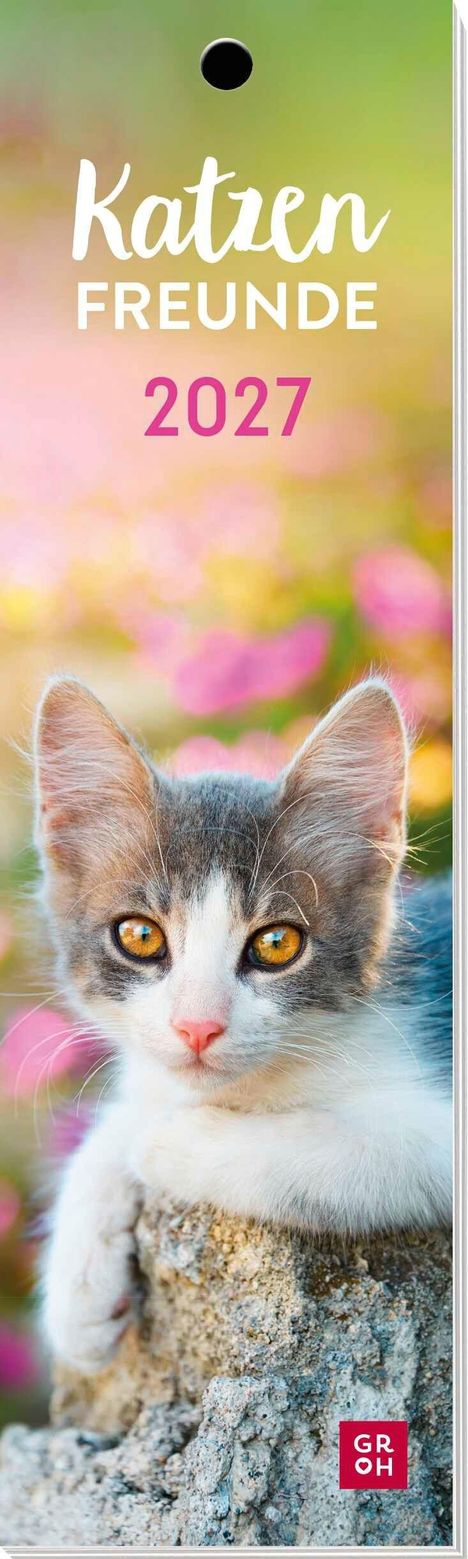 "Katzen Freunde 2027." Junges Kätzchen mit gelben Augen vor unscharfem, blumigem Hintergrund. Logo unten rechts.