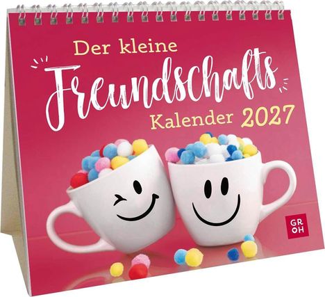"Der kleine Freundschafts Kalender 2027" auf rosa Hintergrund. Zwei Tassen mit Gesichtern und bunten Bällchen.