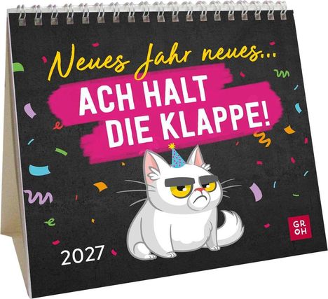 "Neues Jahr neues... ACH HALT DIE KLAPPE!" Illustration einer genervten weißen Katze mit Partyhut, buntes Konfetti, 2027.