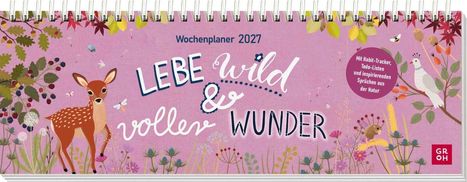 Wochenplaner 2027: "LEBE wild & voller WUNDER". Illustration mit Reh, Vögeln und Pflanzen.