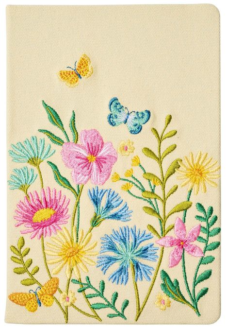 Stickerei von bunten Blumen und Schmetterlingen auf beigem Hintergrund.