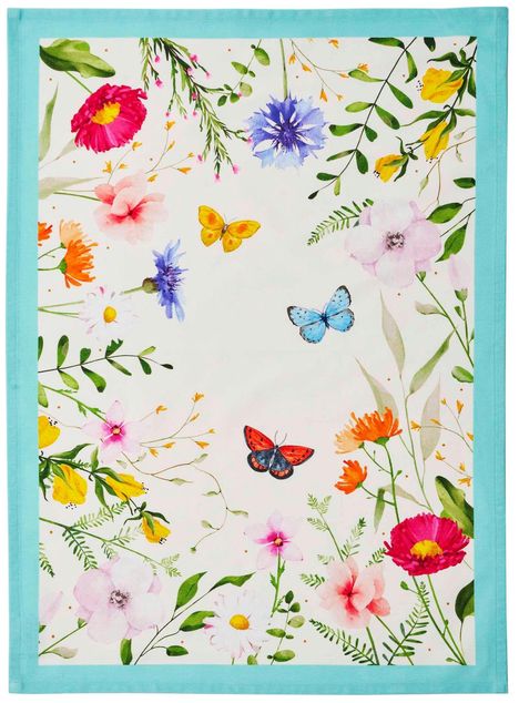 Illustration mit bunten Blumen und Schmetterlingen auf hellem Hintergrund, umrahmt von einem hellblauen Rand.