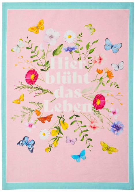 Text: "Hier blüht das Leben". Illustration: Bunte Blumen und Schmetterlinge auf rosa Hintergrund mit hellblauer Umrandung.