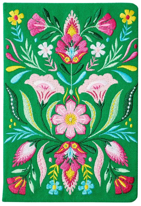 Keine Texte vorhanden. Lebhafte Blumenstickerei in Pink, Gelb und Grün auf grünem Hintergrund.