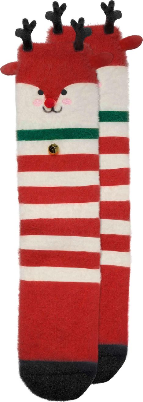 Weihnachtssocken mit Rentiergesicht, roten und weißen Streifen, grüner Linie, Glöckchen und Geweihen.