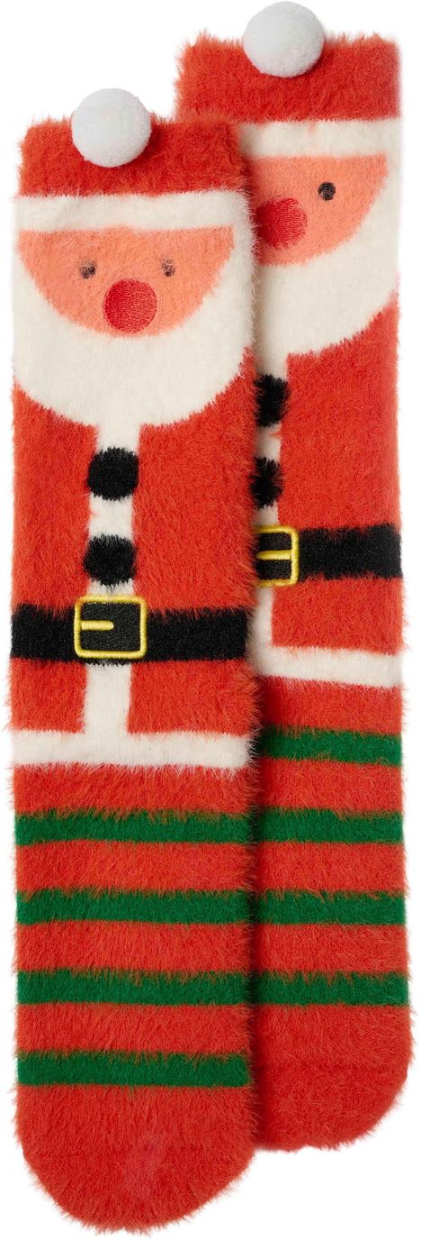 Zwei flauschige Socken mit Weihnachtsmann-Design, in Rot, Weiß und Grün, mit schwarzen Knöpfen und gelbem Gürtel.