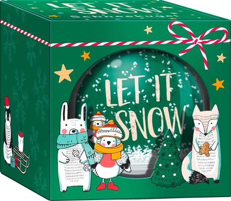 "LET IT SNOW" auf grünem Hintergrund, mit gezeichneten Tieren und einem Weihnachtsbaum. Schneeflocken und bunte Dekoration.