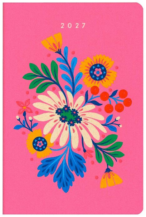 "2027" in Weiß oben auf rosa Hintergrund. Illustration bunter Blumen mit gelben, blauen und roten Details.