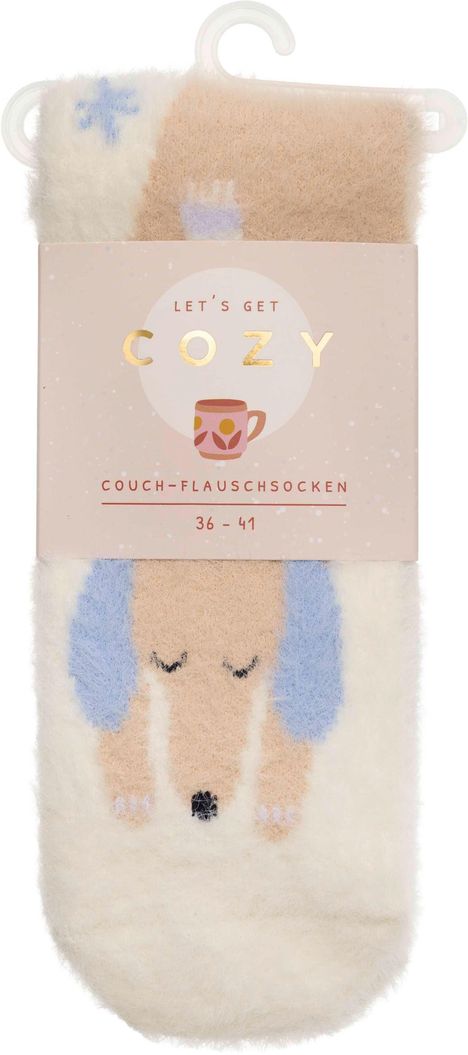 "LET'S GET COZY" und "COUCH-FLAUSCHSOCKEN 36-41". Flauschsocken mit Bärenmotiv und Tasse Symbole.