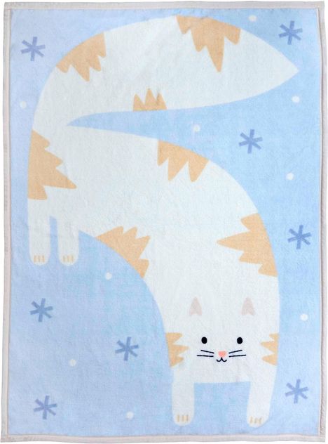 Eine Illustration zeigt eine verspielte weiße Katze auf hellblauem Hintergrund mit Schneeflocken.