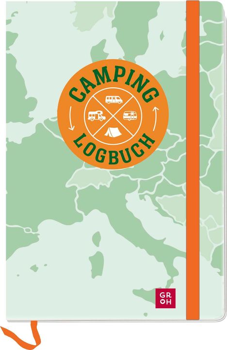 "Camping Logbuch" Text mit Camper-Piktogrammen auf einer Europa-Karte, orangefarbenes Band.