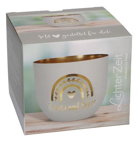 "LichterZeit - Windlicht aus Metall. Schutz und Segen." Ein Windlicht mit goldenem Motiv und Schriftzug, grau dekoriert.