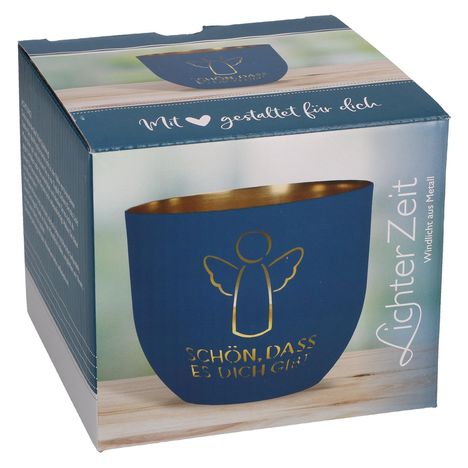 "Schön, dass es dich gibt", "Mit ♥ gestaltet für dich", "LichterZeit". Illustration: blauer Windlichthalter mit Engelmotiv.