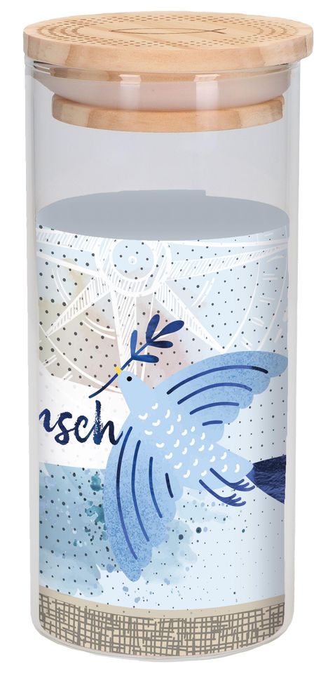Der Text „Frisch“ steht auf einem Behälter mit Holzdeckel. Eine blaue Taube und ein modernes Muster sind darauf abgebildet.