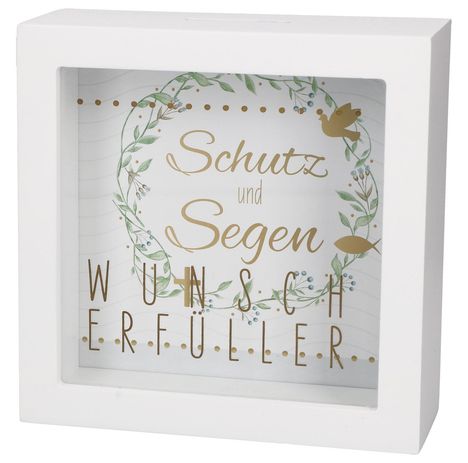 Text: "Schutz und Segen Wunscherfüller". Illustration: Kranz aus grünen Zweigen, Vogel und Fischmotiv in einem weißen Rahmen.