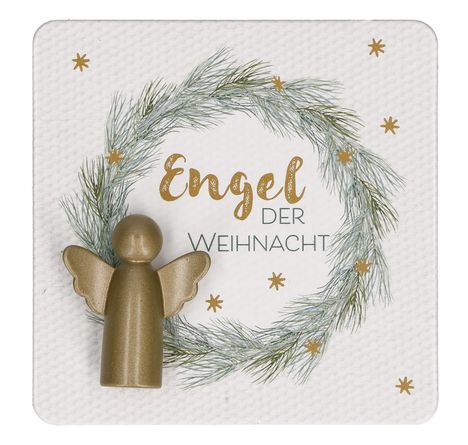 „Engel der Weihnacht“ steht in einer festlichen Schrift im Zentrum eines Kranzes aus Tannenzweigen mit goldenen Sternen.