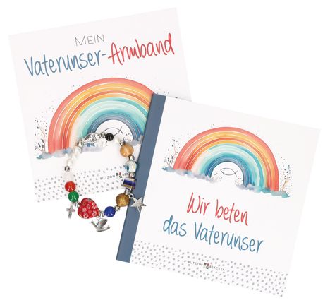 Zwei farbenfrohe Cover: "Mein Vaterunser-Armband" und "Wir beten das Vaterunser"; daneben ein bunter Perlenarmband.