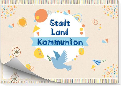 „Stadt Land Kommunion“ steht in blauer Schrift. Eine Taube mit Zweig, bunte Formen und Symbole umgeben den Text.