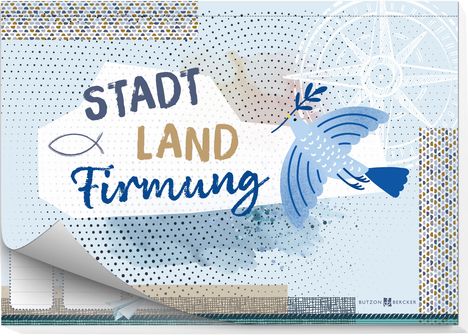 "STADT LAND Firmung" steht in großen Buchstaben. Darunter eine Taube mit Zweig. Der Hintergrund ist blau mit Punkten.