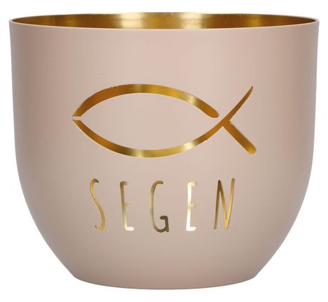 "Segen" in goldener Schrift unter einem stilisierten Fischsymbol. Der Hintergrund ist beige mit goldener Innenfläche.