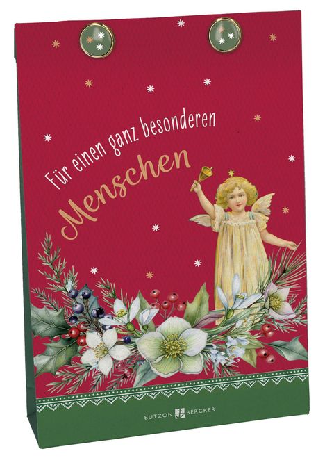 "Für einen ganz besonderen Menschen" steht in geschwungenen Buchstaben auf einer rot-grünen Geschenkverpackung mit Engel und Blumen.
