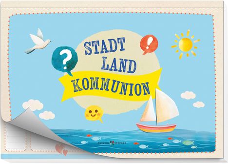 "STADT LAND KOMMUNION", Illustration mit Segelboot, Taube, Sonne und Meer. Bunte Sprechblasen und fröhlicher Smiley.