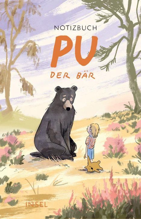 „Notizbuch PU der Bär“. Illustration eines sitzenden Bären, einem Jungen gegenüber, in einer natürlichen Umgebung. Text: INSEL.