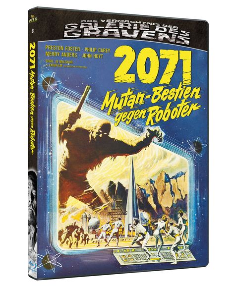 "2071 Mutant-Bestien gegen Roboter" in gelb-blauer Schrift auf einem Science-Fiction-Cover mit futuristischer Szenerie.