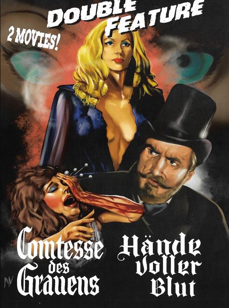„DOUBLE FEATURE“, „2 MOVIES!“, „Comtesse des Grauens“, „Hände voller Blut“. Eine blonde Frau, ein Mann mit Zylinder und düstere Szene.
