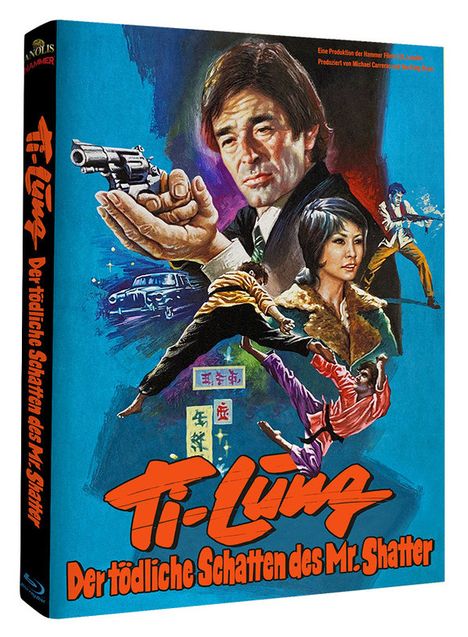 „Der tödliche Schatten des Mr. Shatter“. Illustration: Mann mit Pistole, Frau im Hintergrund, Kampfszenen, Autos.