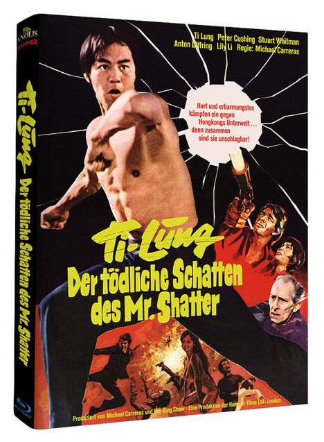Titel: "Ti-Lung Der tödliche Schatten des Mr. Shatter". Kampfszenen, Hauptfigur in Kampfpose, dramatisches Design.