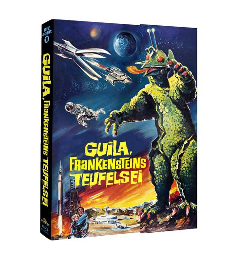 „Guila, Frankensteins Teufelsei“. Illustration: Großer grüner Monster, Raumschiff, Astronaut, Vulkan, Explosion im Hintergrund.
