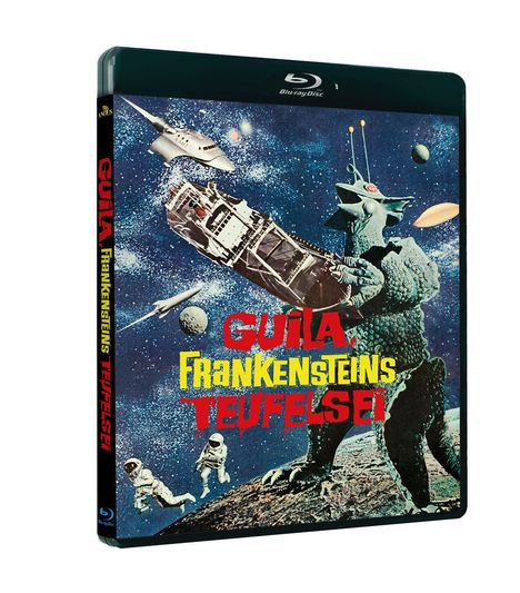 Text: "GUILA, FRANKENSTEINS TEUFELSEI". Illustration: Ein Monster im Weltraum, umgeben von Raumschiffen und Astronauten.