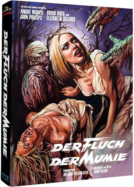 "Der Fluch der Mumie", Schauspielerliste, Frau in Angst von Mumie und Monsterhand bedroht. Illustration im Horrorstil.