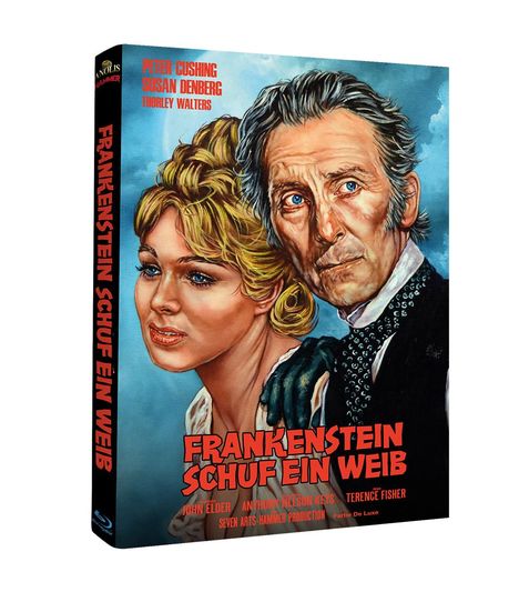 Texte: "FRANKENSTEIN SCHUF EIN WEIB", "Peter Cushing", "Susan Denberg", "Thorley Walters". Illustrationen von einem Mann und einer Frau.