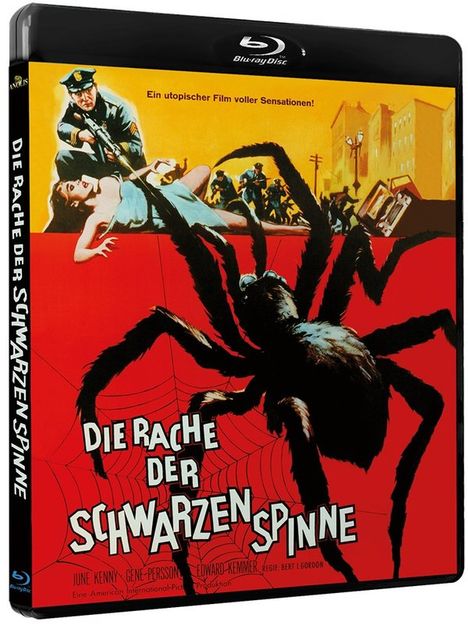 „Die Rache der Schwarzen Spinne“; Illustration mit großer Spinne und Frau in Not, Retro-Stil.