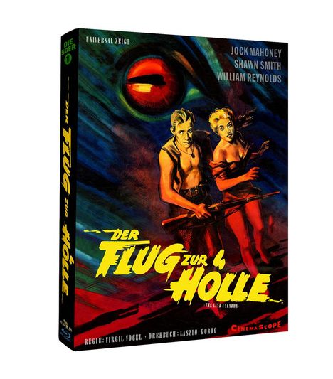 "Der Flug zur Hölle" in gelber Schrift. Zwei Menschen, ein Mann und eine Frau, stehen vor einem großen, roten Auge.
