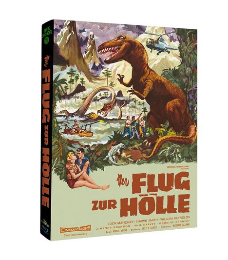 Text: "Der Flug zur Hölle". Illustration eines Dschungels mit Dinosauriern und einem Helikopter.