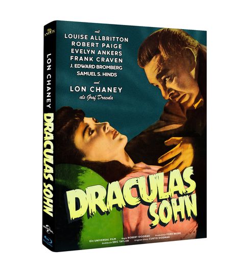 "Draculas Sohn" in großer gelber Schrift. Im Hintergrund ein Mann, der sich über eine Frau beugt.