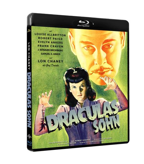 Texte: "Draculas Sohn", "Lon Chaney", Namen von Schauspielern. Illustration: Frau in Angst, darüber ein Mann. Blu-ray Verpackung.