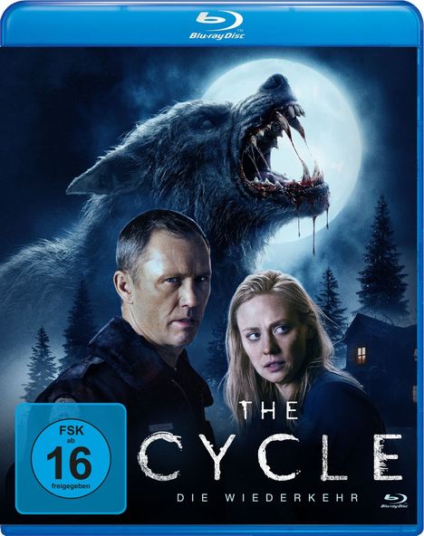 Texte: FSK ab 16 freigegeben, THE CYCLE, DIE WIEDERKEHR. Ein gruseliger Wolf mit geöffnetem Maul vor Vollmond, zwei ernste Personen.